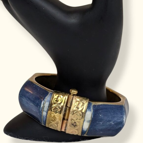 V. Blue Brass & Bone Locking Hinge Bracelet - Picture 1 of 8